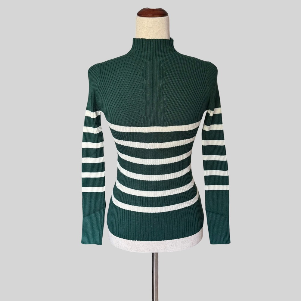 Timing Womens Green Striped Mock Neck Ribbed Knit Thin Sweater top S NWT bodycon